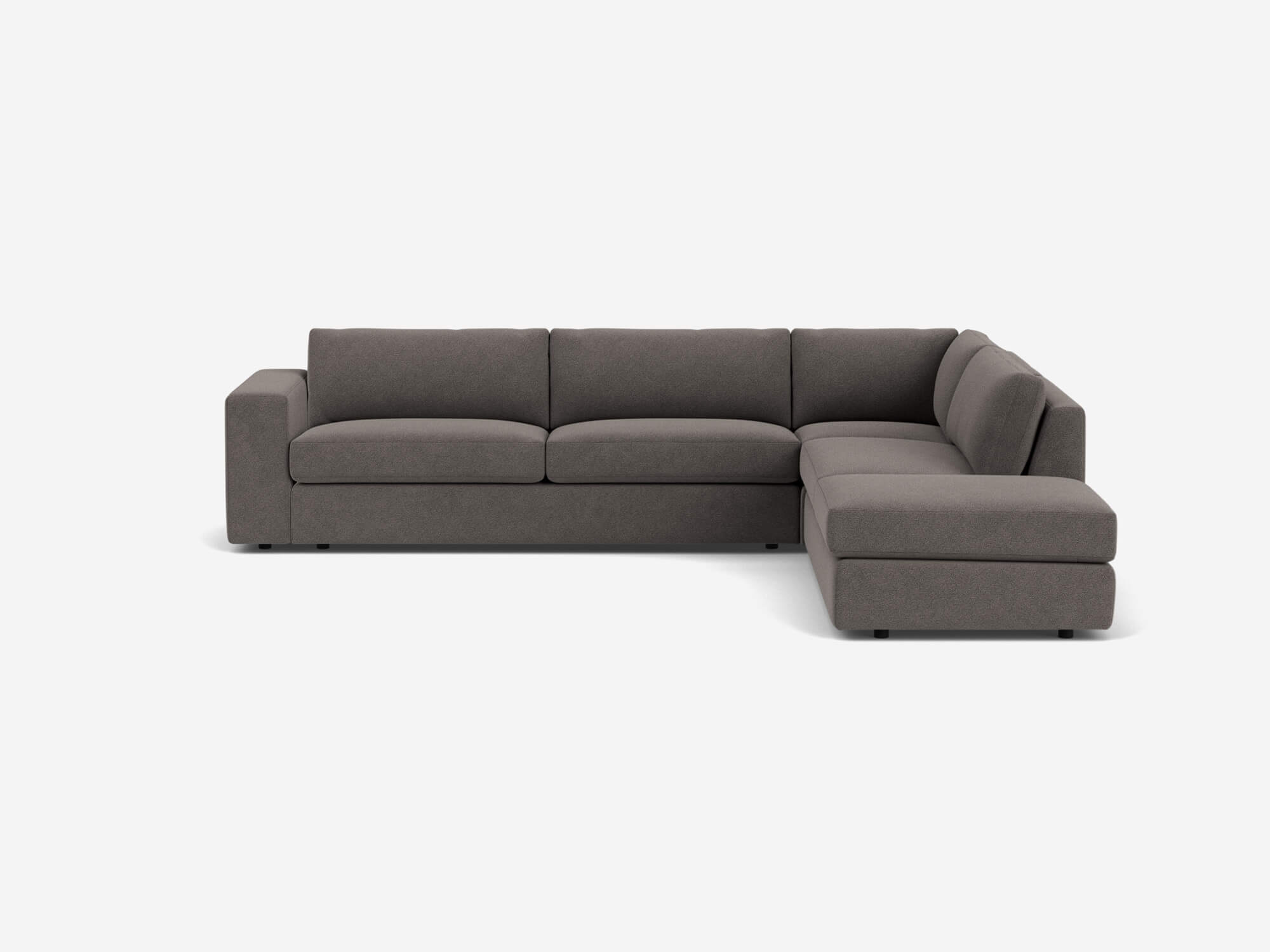 Front view of grey sectional sofa with right hand chaise